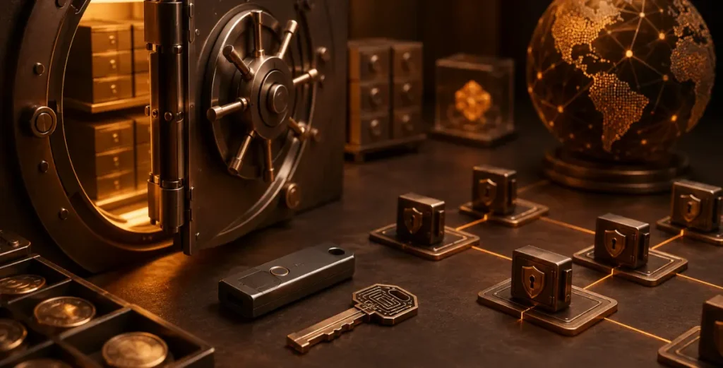 cryptographic private key management, MPC technology, and multi-sig frameworks for treasuries
